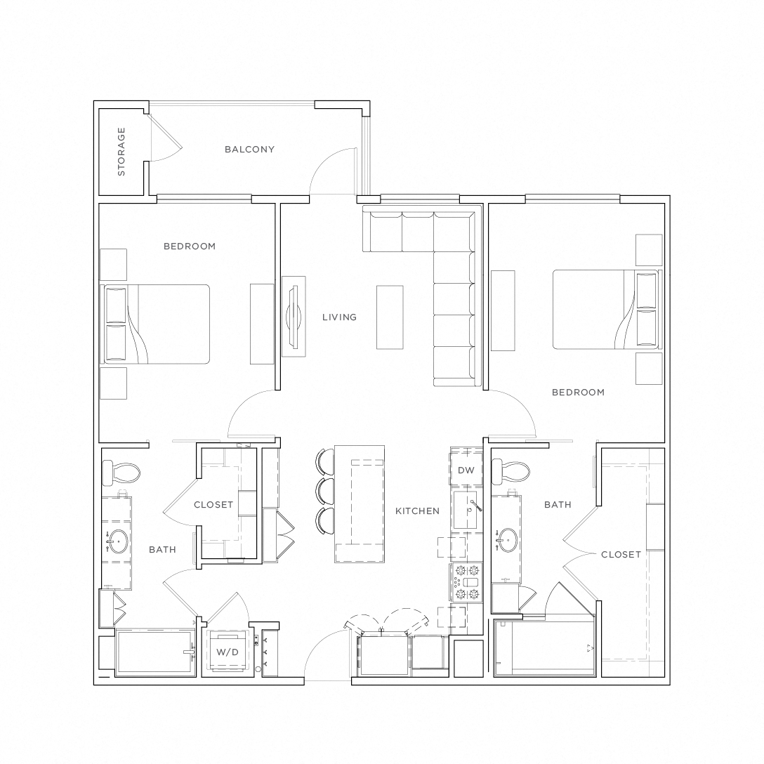 Floor plan for 2 beds, 2 baths, 1137 sqft